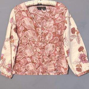 Tahari 100% Linen XS Pink & Cream Floral Blouse Boxy Tropical lightweight